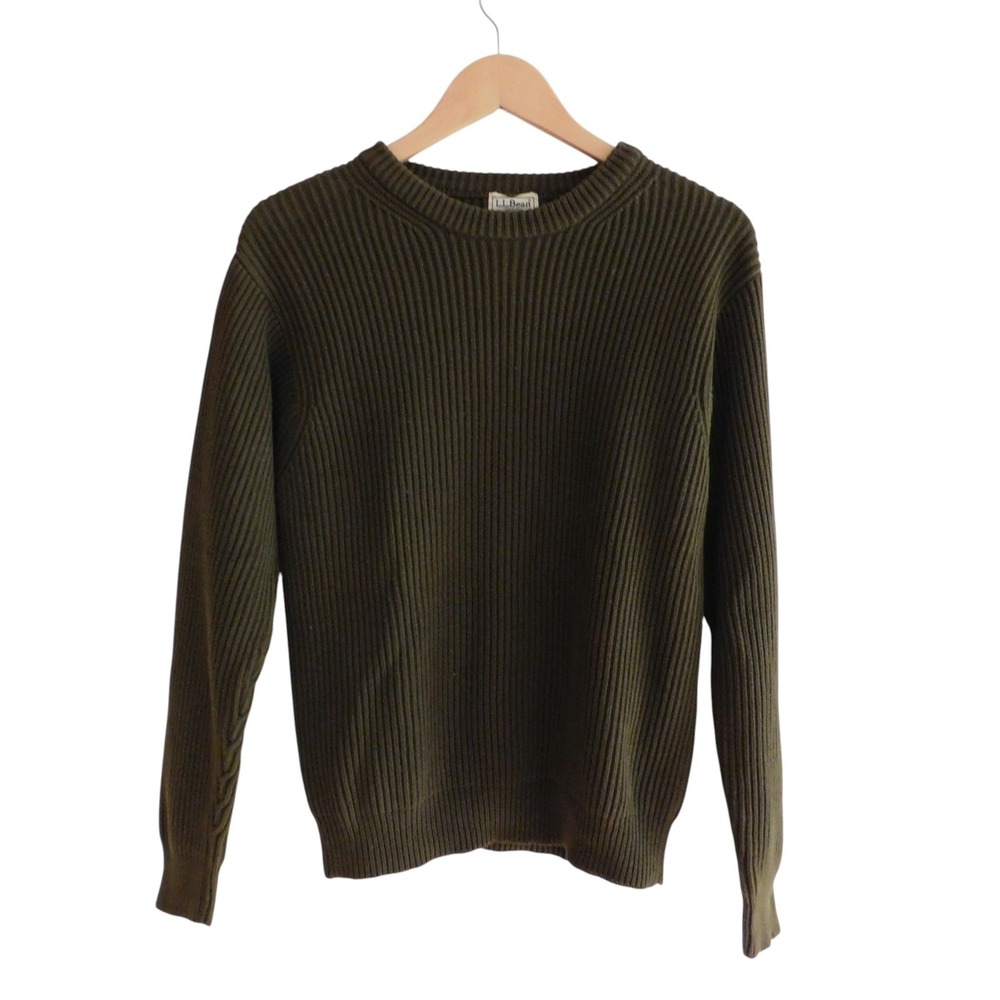 Vtg LL Bean Sweater Mens Olive Green Ribbed Cotton Heavy Knit Size Small